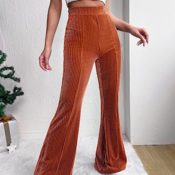 Orange Casual Womens Elastic Waist Flare Leg Pants - Picture 3 of 5